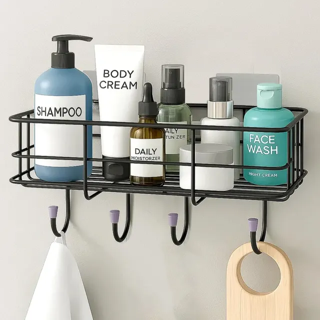 Wall Mounted Bathroom Storage Rack with Hooks – Multipurpose Shampoo, Toiletry & Bath Accessories Organizer