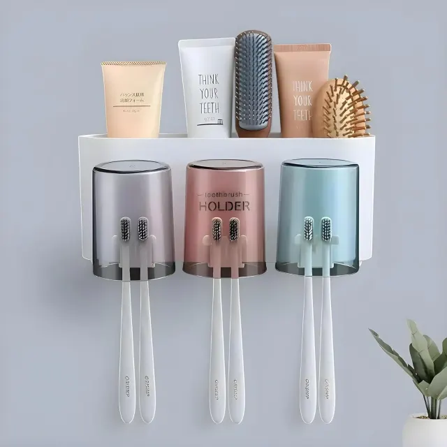 3-Compartment Wall Mounted Toothbrush & Toothpaste Holder – Bathroom Organizer with Storage Cups