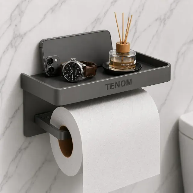 Premium Aluminium Toilet Paper Holder with Storage Shelf – Wall Mounted Bathroom Tissue Roll Organizer
