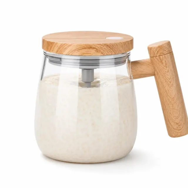 Automatic Self-Stirring Coffee Mug & Milk Frother – Electric Mixing Glass Mug with Wooden-Style Handle & Lid | One-Click Drink Mixer