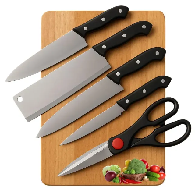 6-Piece Stainless Steel Kitchen Knife Set with Wooden Chopping Board & Scissors – Multipurpose Cutting & Chopping Set