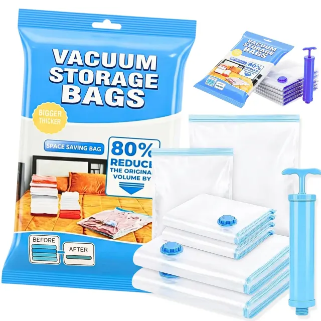 5-Piece Vacuum Storage Bags with Hand Pump – Space-Saving Compression Bags for Clothes, Blankets, Bedding & Travel