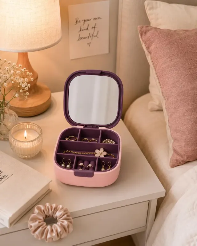 Compact Jewellery Organizer Box with Built-In Mirror – Portable Jewelry Storage Case with Compartments for Rings, Earrings & Accessories