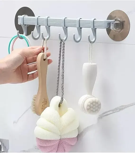 Suction Cup Multi-Hook Wall Organizer – No-Drill Hanging Rack for Bathroom, Kitchen, Towels, Cleaning Tools & Accessories
