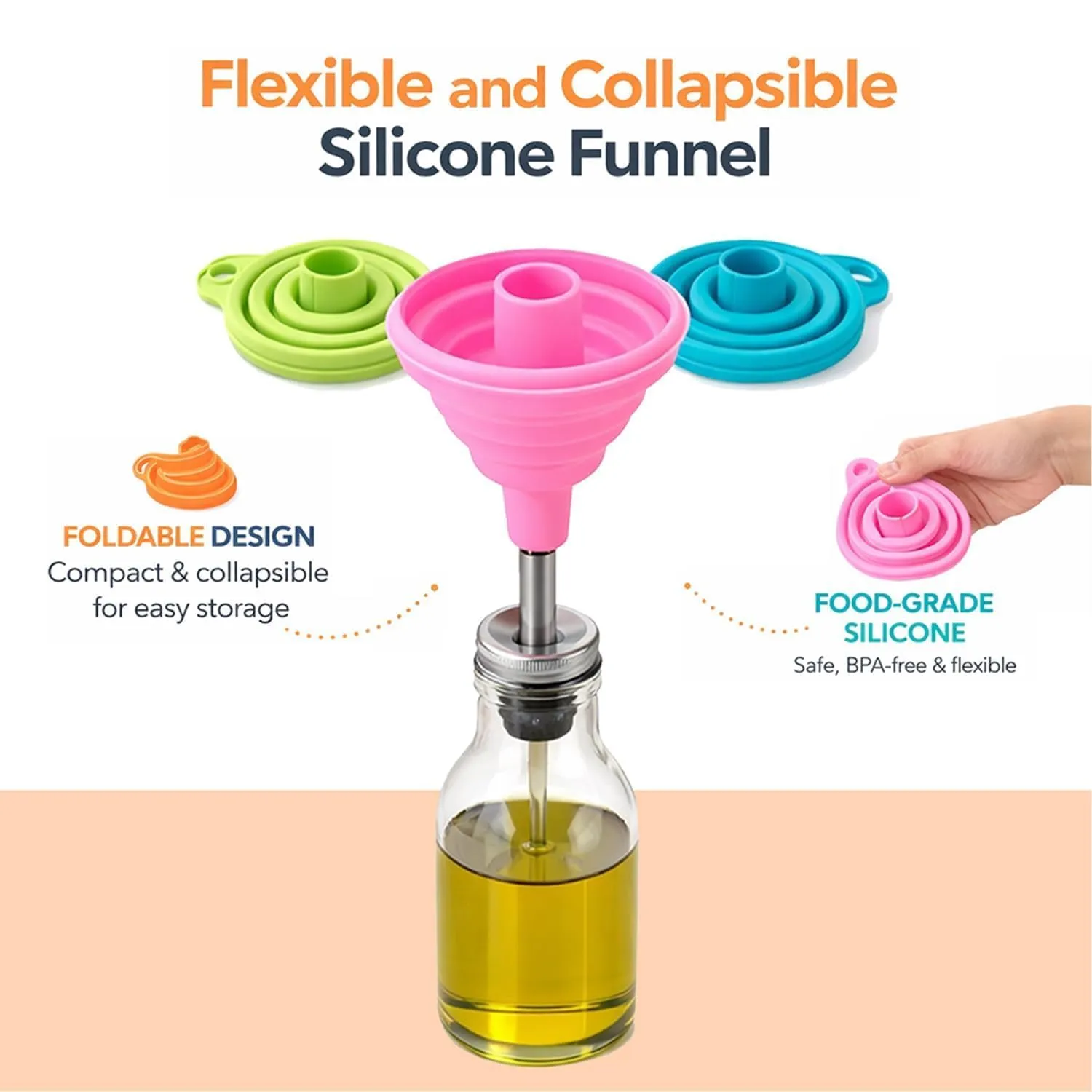 Collapsible Silicone Funnel – Foldable Space-Saving Funnel for Kitchen, Oil, Liquids, Bottles & Containers — view 8