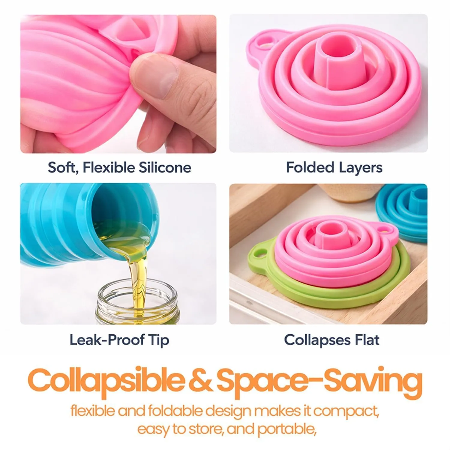 Collapsible Silicone Funnel – Foldable Space-Saving Funnel for Kitchen, Oil, Liquids, Bottles & Containers — view 6