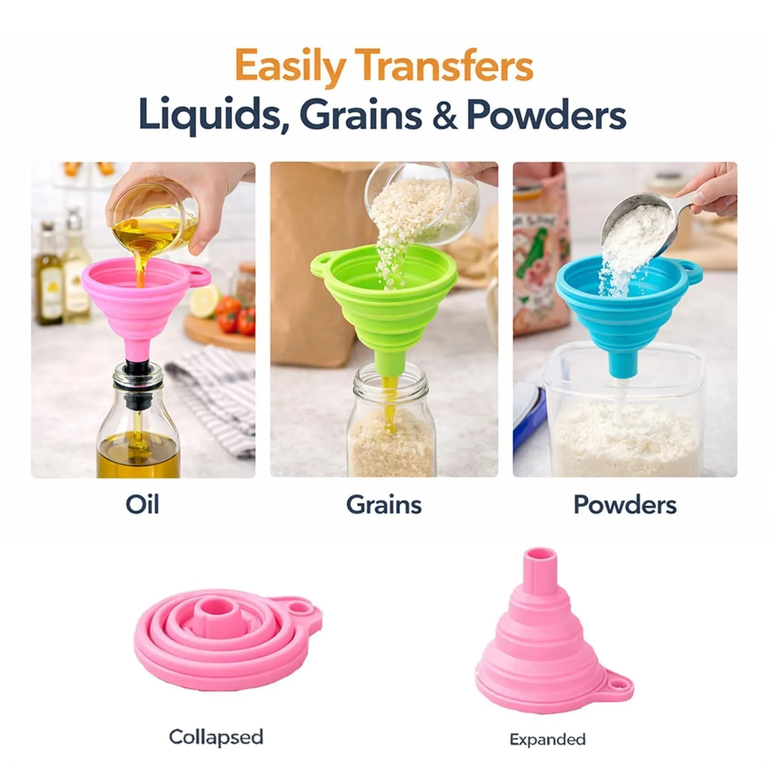 Collapsible Silicone Funnel – Foldable Space-Saving Funnel for Kitchen, Oil, Liquids, Bottles & Containers — view 7