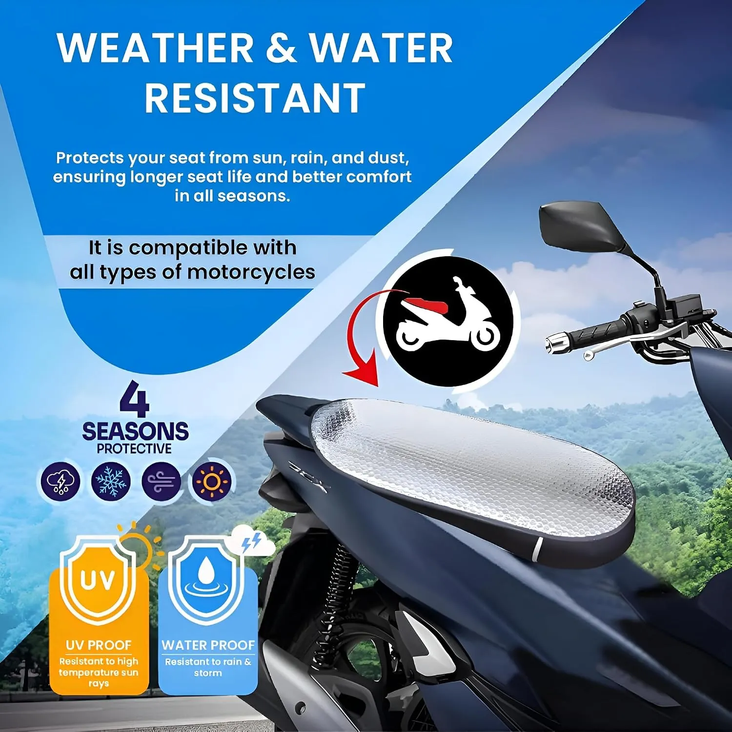 Universal Motorcycle & Scooter Seat Cover – Heat Reflective Aluminum Foil Sun Protection Mat | Water-Resistant Saddle Cover — view 3