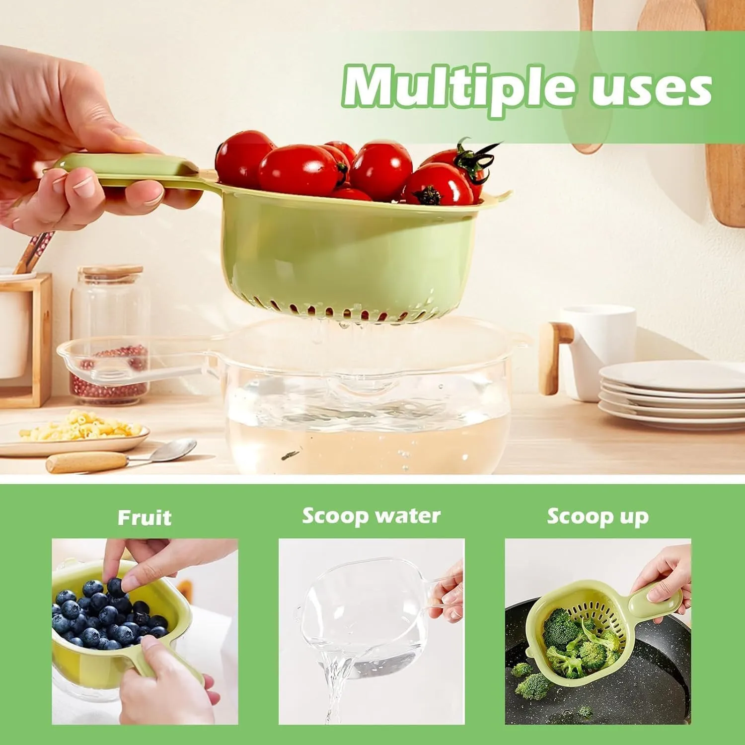 2-in-1 Double-Layer Kitchen Draining Basket with Handle – Fruit & Vegetable Washer, Rice Washing Bowl & Food Strainer — view 4